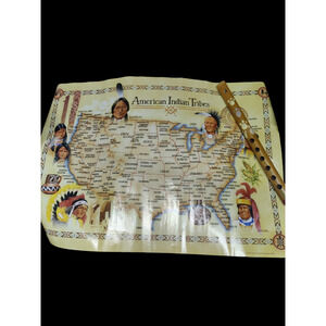 Bundle-1988 American Indian Tribes map and Handmade Natural Indian Wooden Flute